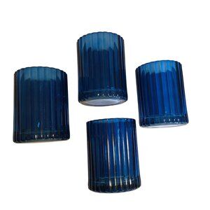 Set Of 4 Blue Ribbed Glass Tealight Holders